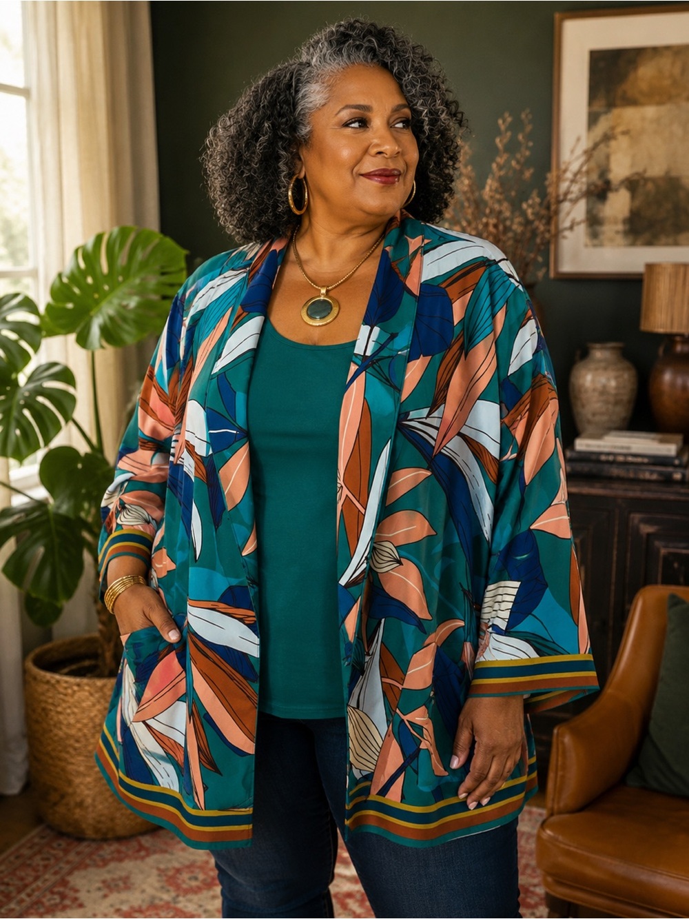 Nine West Teal Multicolor Tropical Leaf-Print Open Front Kimono Cardigan XXL